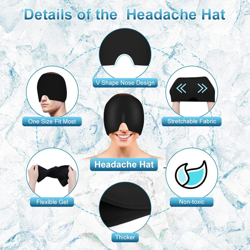 ACWOO Gel Cooling Hat Migraine Headache Relief Stretchy Headache Hat Cold Therapy Cap Sleep Mask, Heady Mask for Puffy Eyes Stress Relief (Black) Black - NewNest Australia