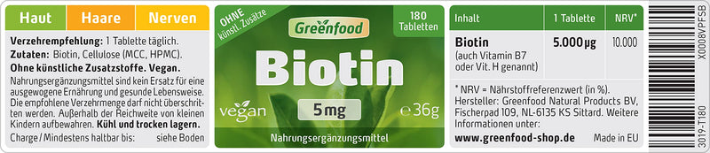 Greenfood - Biotin (Vitamin B7) - 5 mg - High dosage - 180 vegan capsules - The beauty vitamin for beautiful skin and strong hair - No artificial additives and no genetic engineering 180 pieces (pack of 1) - NewNest Australia