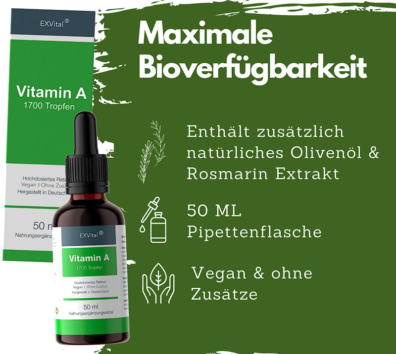 Vitamin A drops from EXVital - 5000 IU (1500 µg) per daily dose, 50 ml = 1700 drops, laboratory tested, high-dose retinol - vegan - vitamin A liquid - NewNest Australia