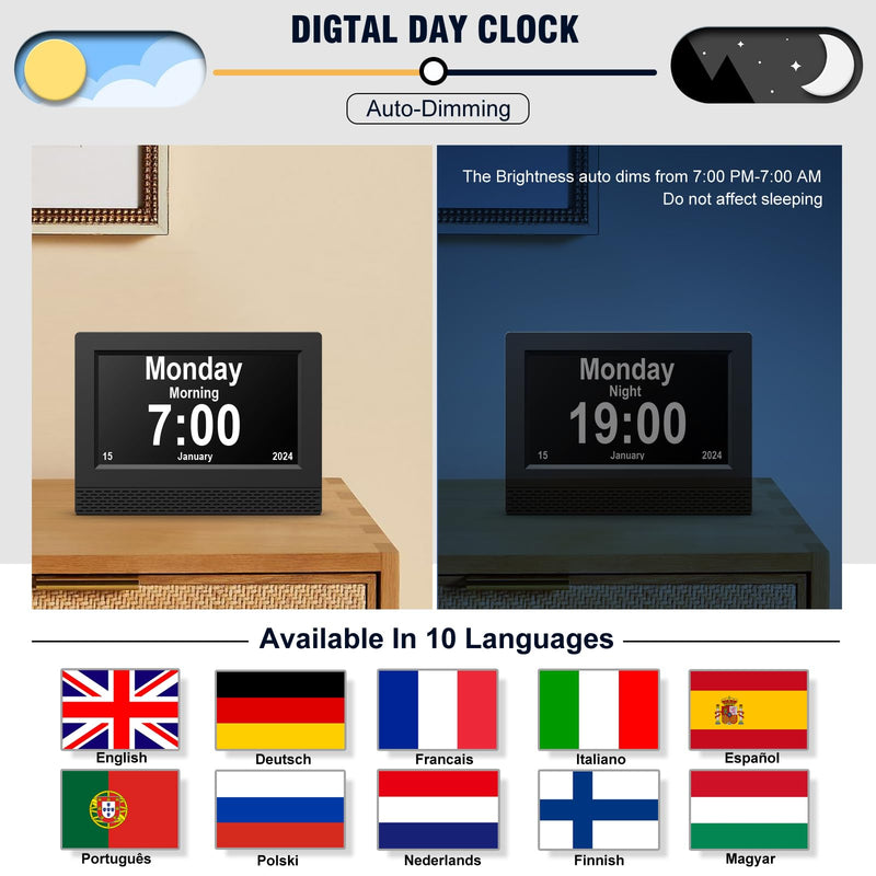 SENXINGYAN Digital Calendar Alarm Clock, 7'' HD Large Screen Display Alarm Clock, Multiple Clock Modes Senior Clock with Date and Day of the Week, Automatically Dimmable for Seniors, Adults and Alzheimer's Patients - Black - NewNest Australia