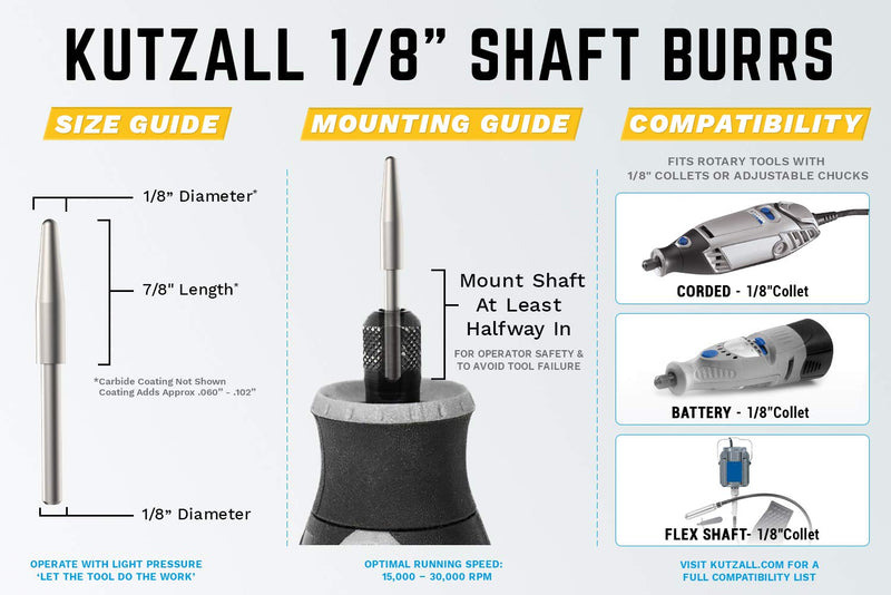 Kutzall Original Taper Rotary Burr, 1⁄8" Shaft, Coarse - Woodworking Attachment for Dremel, Foredom, DeWalt, Milwaukee. Abrasive Tungsten Carbide, 1⁄8" (3.1mm) Head Dia. X 7⁄8" (22.2mm) Length, T-18-E Original - Coarse - NewNest Australia