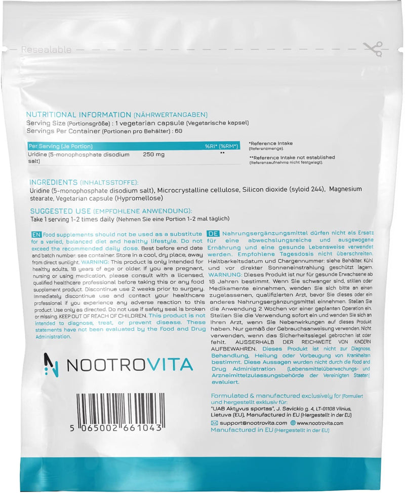 Uridine Monophosphate 250Mg | 60 Capsules | Vegan Uridine Monophosphate For Memory, Learning And Cognitive Function | Allergen, Gluten Free | Manufactured In Iso-Certified Companies | Nootrovita - NewNest Australia