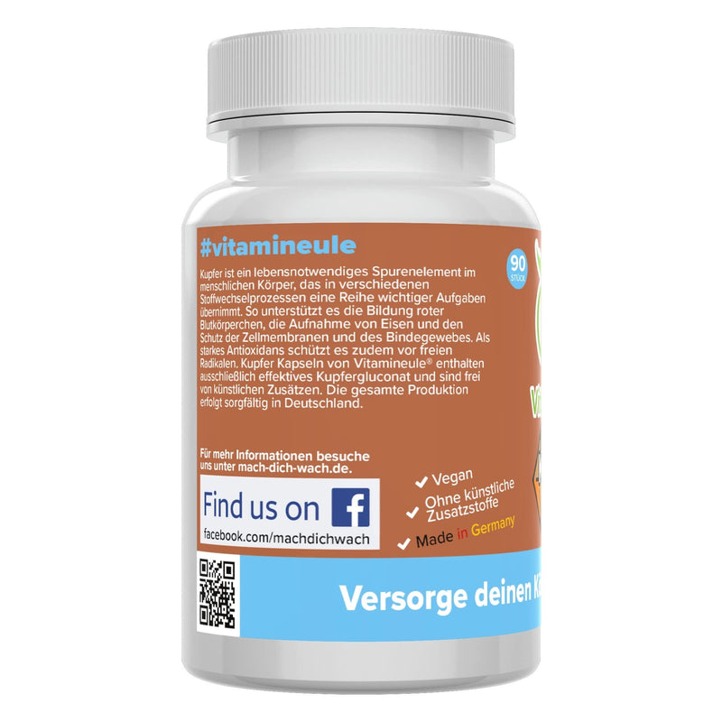 Copper capsules - 4 mg - high dosage - quality from Germany - copper gluconate without artificial additives - vegan - laboratory tested - small capsules instead of tablets - high bioavailability - Vitamineule® - NewNest Australia