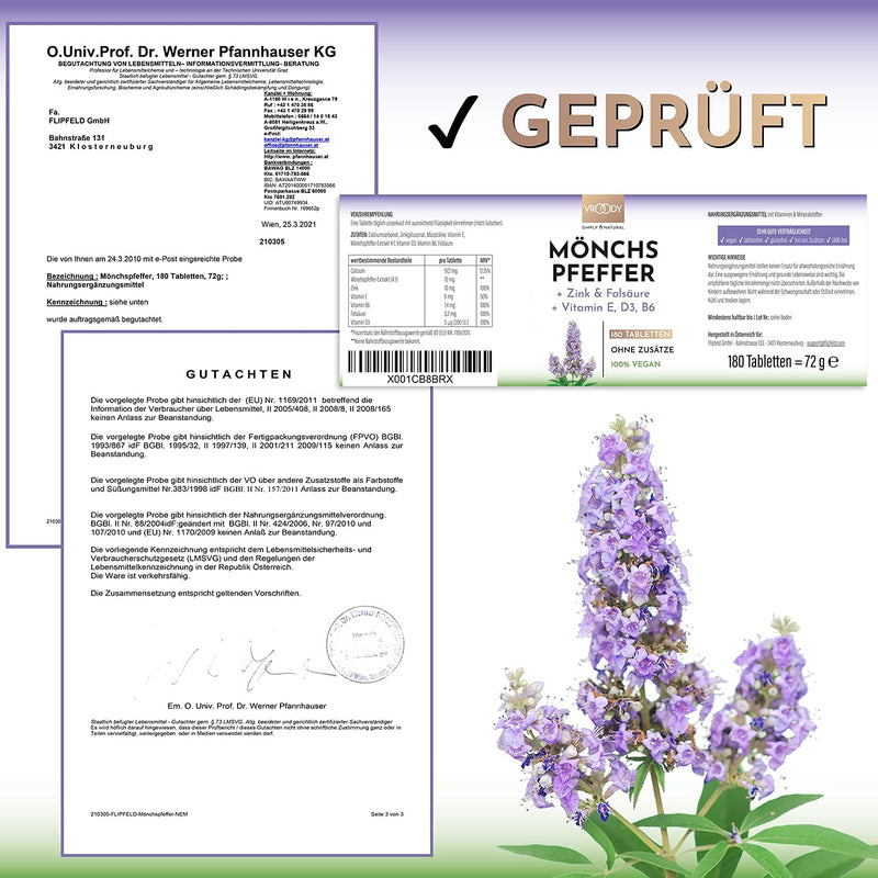 High-dose monk's pepper - 180 small Agnus Castus tablets + folic acid, zinc, vitamin E, D3, B6 & calcium - 6 month supply, vegan & free of additives Made in Austria by VROODY - NewNest Australia