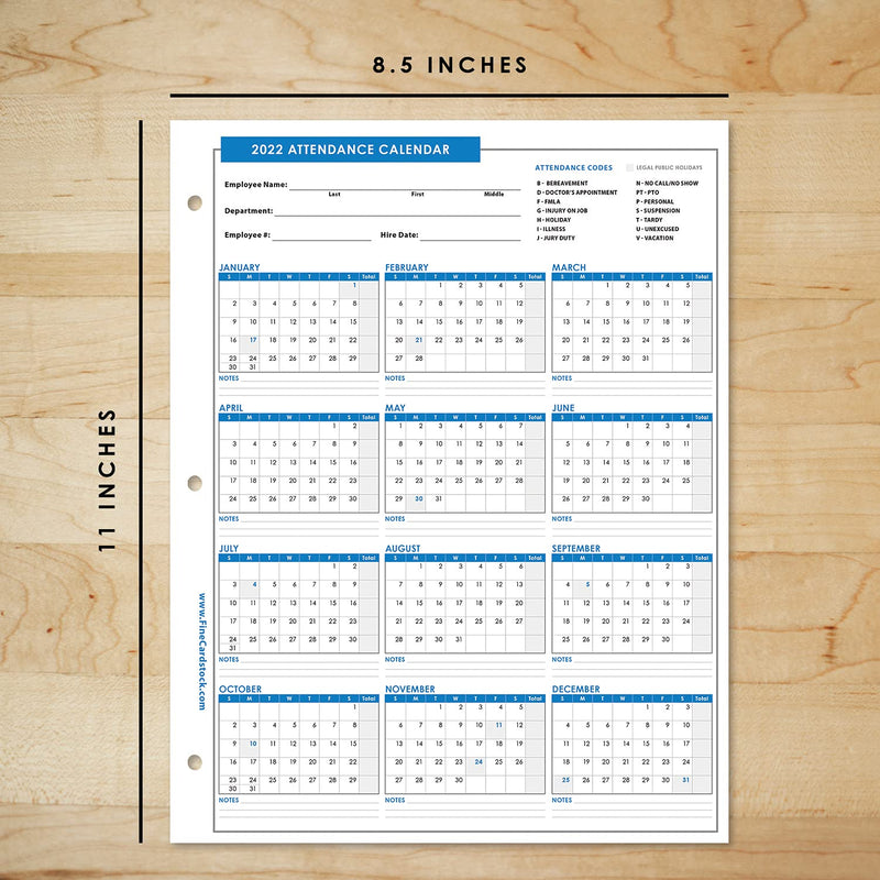 2022 Attendance Calendar Card Stock Paper – Great Employee Work Tracker | Printed on Durable and Thick 80lb (216gsm) Cardstock | 8 ½ X 11 | 25 Sheets per Pack - NewNest Australia