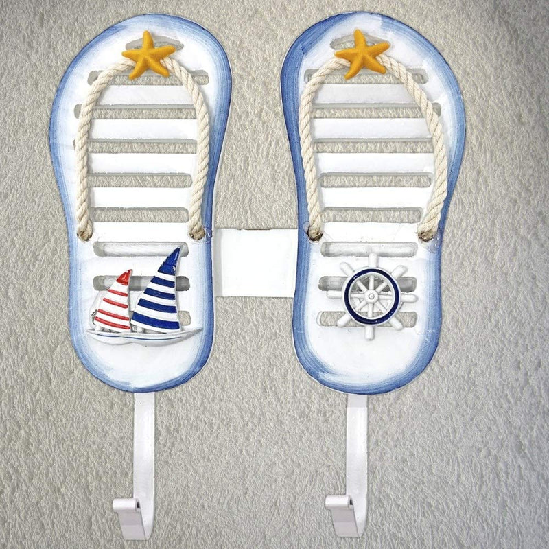 NewNest Australia - BANBERRY DESIGNS Beach Decor - Blue and White Wooden Flip Flop Hook with Starfish and Jute Rope Design - Nautical Wall Art Decorations - Coastal Bathroom Hanging Hooks for Towels - 9.5 Inches 