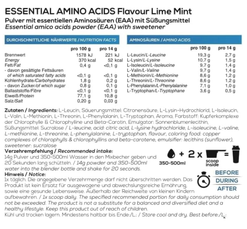 EAA powder LIME MINT 500gr - essential amino acids - 11gr protein per serving - without bad aftertaste - vegan & high dosage - BIOS Nutrition (Made in Germany) 500g (pack of 1) - NewNest Australia