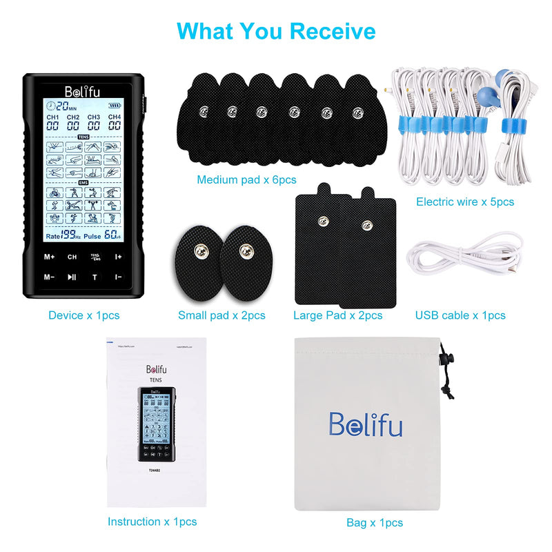 Belifu 4 Independent Channel TENS EMS Unit, 24 Modes,30 Level Intensity Muscle Stimulator Machine, Rechargeable Electric Pulse Massager with 10 Pads&5 Set Leads Wires, for Pain Relief Therapy Black - NewNest Australia