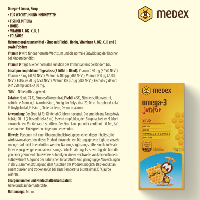 Medex Omega 3 Children'S Junior Syrup, 74% Honey Based - 143 G Honey, Excellent Taste, 250 Mg Dha, 50 Mg Epa; Added Vitamins A, B12, C, D, E, Folic Acid, From 3 Years, 140 Ml - NewNest Australia