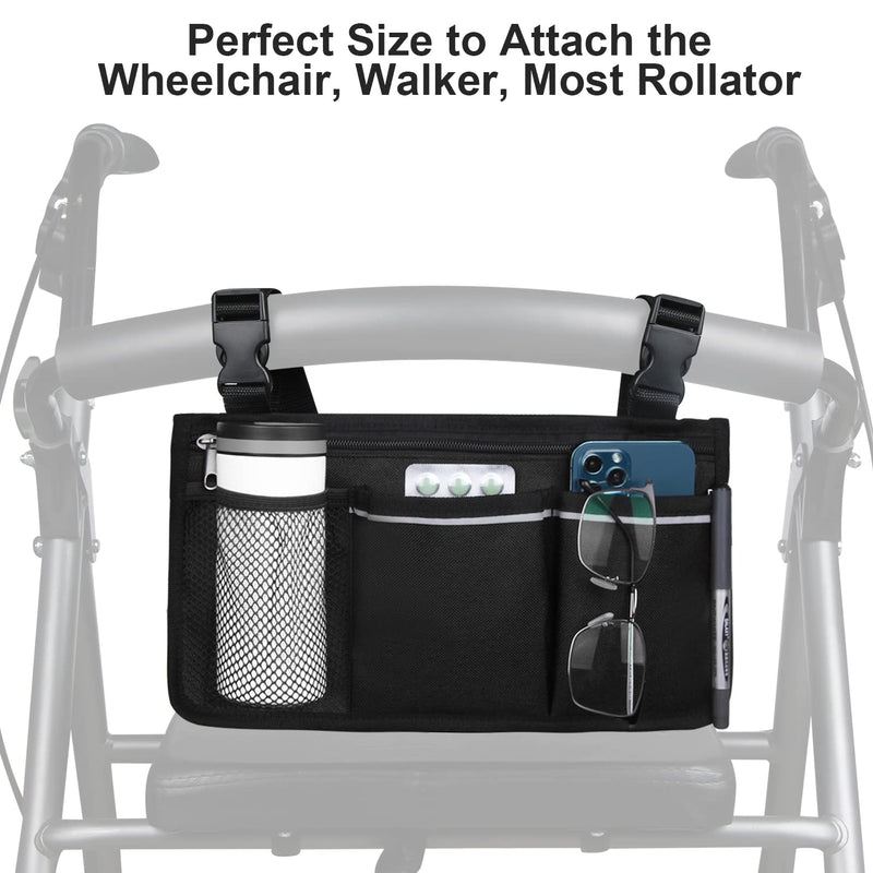 Wheelchair Side Organizer Storage Bag Armrest Pouch with Cup Holder and Reflective Stripe Use Waterproof Fabric, for Most Wheelchairs, Walkers or Rollators (Black) Black - NewNest Australia
