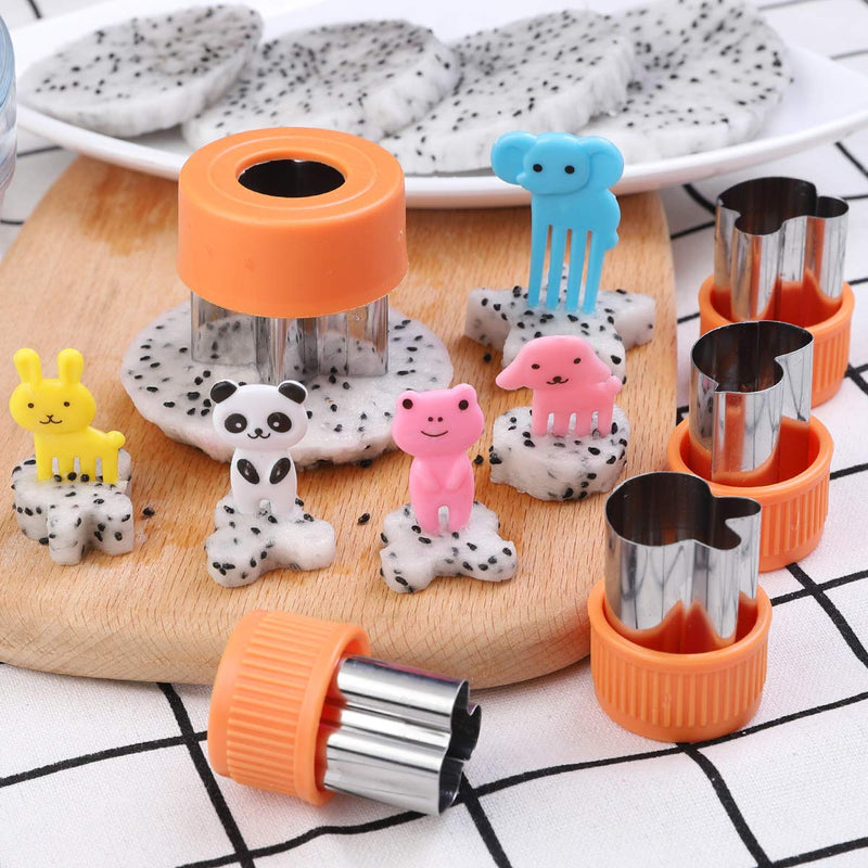 NewNest Australia - Vegetable Cutters Shapes Set, 20pcs Stainless Steel Mini Cookie Cutters, Vegetable Cutter and Fruit Stamps Mold + 20pcs Cute Cartoon Animals Food Picks and Forks -for Kids Baking and Food Supplement 