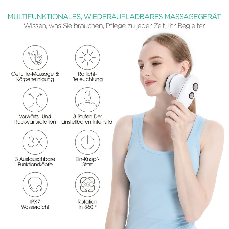 Voyor Massager Anti Cellulite Massage Device For Face Neck Shoulder Back Feet Foot Bath With 3 Multi Function Heads Facial Cleansing Brush Ipx7 Waterproof & Rechargeable - NewNest Australia
