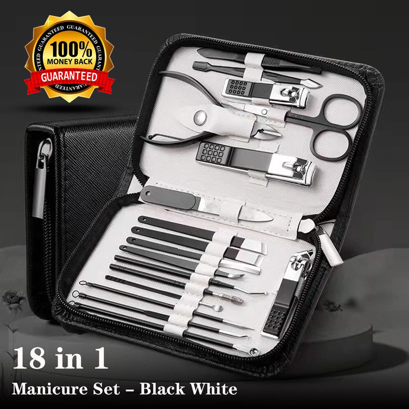 Manicure Set Nail Clippers Kit For Women&men 18 in 1 Professional Stainless Steel Pedicure Care Tools Kit Nail Cutter Set Scissors Grooming Kit With Black Leather Travel Zip Case(Black White) Black White-18Pcs - NewNest Australia