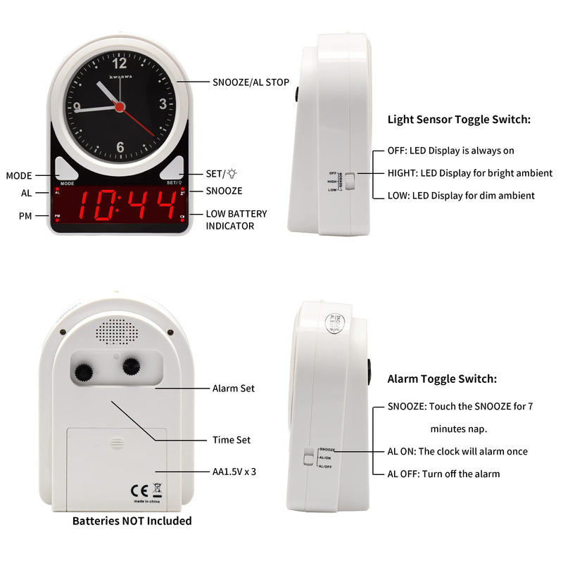 KWANWA Alarm Clock, 2 in 1 Analog Clock & Digital Clock, Light Sensor LED Clock, Battery Operated Only, Snooze, 12Hr, Alarm Clock for Bedroom, Living Room, Bookshelf, Kids, Elderly, Easy to Set - NewNest Australia