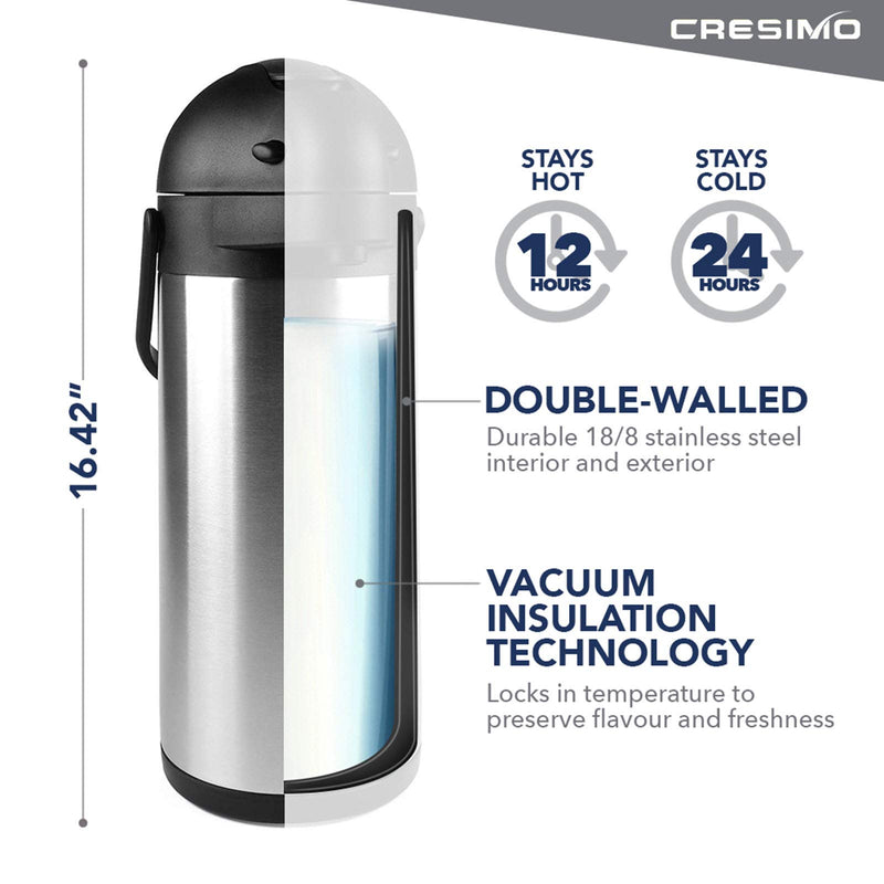 Cresimo 3L (101 oz) Airpot Thermal Coffee Carafe with Included Coffee Drip Tray and Cleaning Brush/Lever Action Stainless Steel Insulated Thermos / 12 Hour Heat and Cold Retention 3L with Drip Tray - NewNest Australia