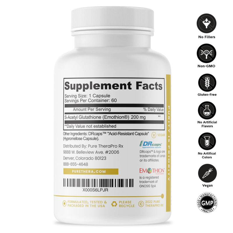 S-Acetyl Glutathione Gold - 60 DRcaps "Acid-Resistant" | 200mg Per Capsule | Patented Acetylated Form of Glutathione (Emothion®) | 2 Month Supply | Zero Fillers / Flow Agents | Pharmaceutical Grade 60 Count (Pack of 1) - NewNest Australia