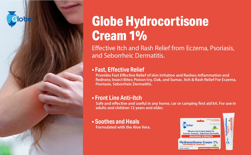 Globe Hydrocortisone Maximum Strength Cream 1% w/ Aloe, | Anti-Itch Cream for Redness, Swelling, Itching, Rash & Dermatitis, Bug/Mosquito Bites, Eczema, Hemorrhoids & More | (4-Pack) - NewNest Australia