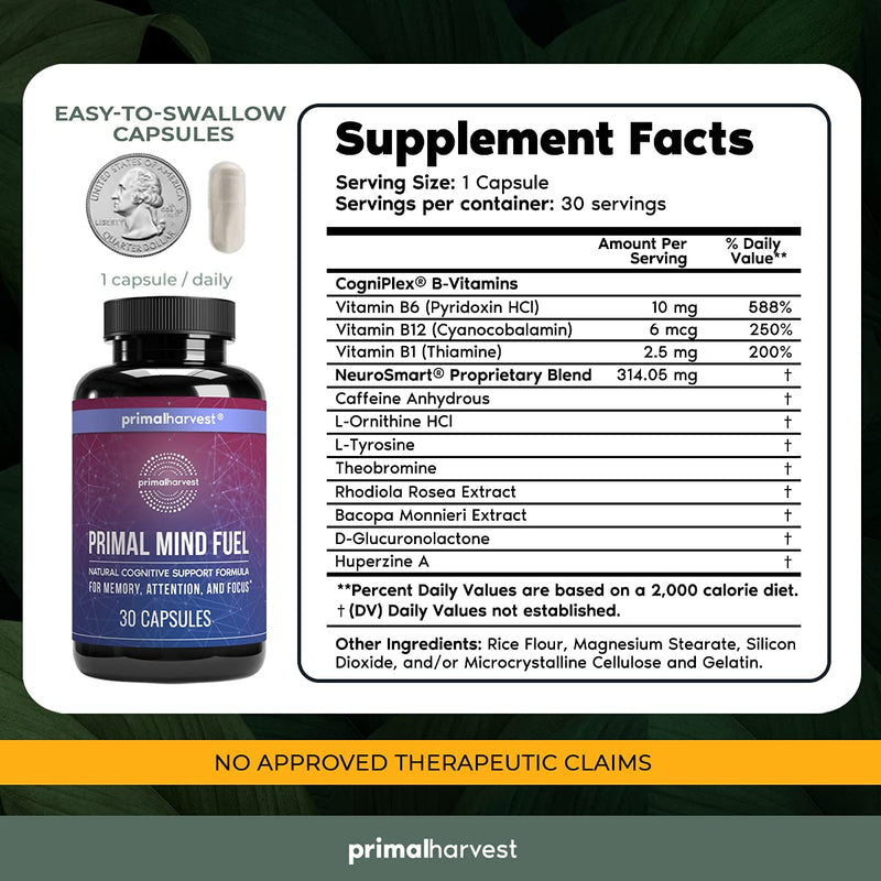 Brain Supplement by Primal Harvest - Primal Mind Fuel Brain Booster for Focus, Energy, Clarity, Memory Brain Health - Focus Supplement for Men and Woman 30 capsules Nootropics Brain Support Supplement - NewNest Australia