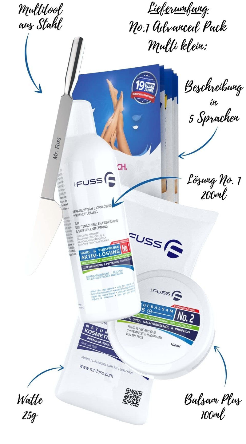 Mr. Fuss® No. 1 - Advanced Pack Multi - Small, Cuticle Callus Remover Economy Pack 4 Pieces Active Solution Quick & Strong Softening - 200 ml, Balm No. 2-100 ml, cotton wool, multitool - NewNest Australia