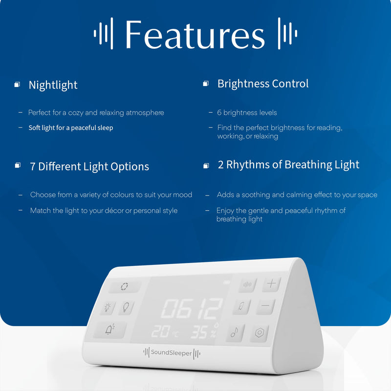 SoundSleeper White Noise Machine and Relaxation Aid with Voiced Relaxation Script, 33 Sounds, Digital Clock, Temperature & Humidity Monitors, and Nightlight. Portable, Rechargeable Sleep Aid. - NewNest Australia