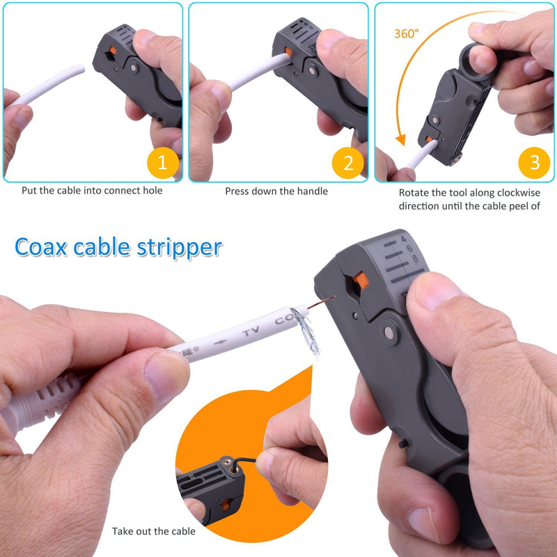 Gaobige Coax Cable Crimper Kit Tool for RG6 RG59 Coaxial Compression Tool Fitting Wire Stripper with Gaobige 10 PCS F Compression connectors - Grey - NewNest Australia