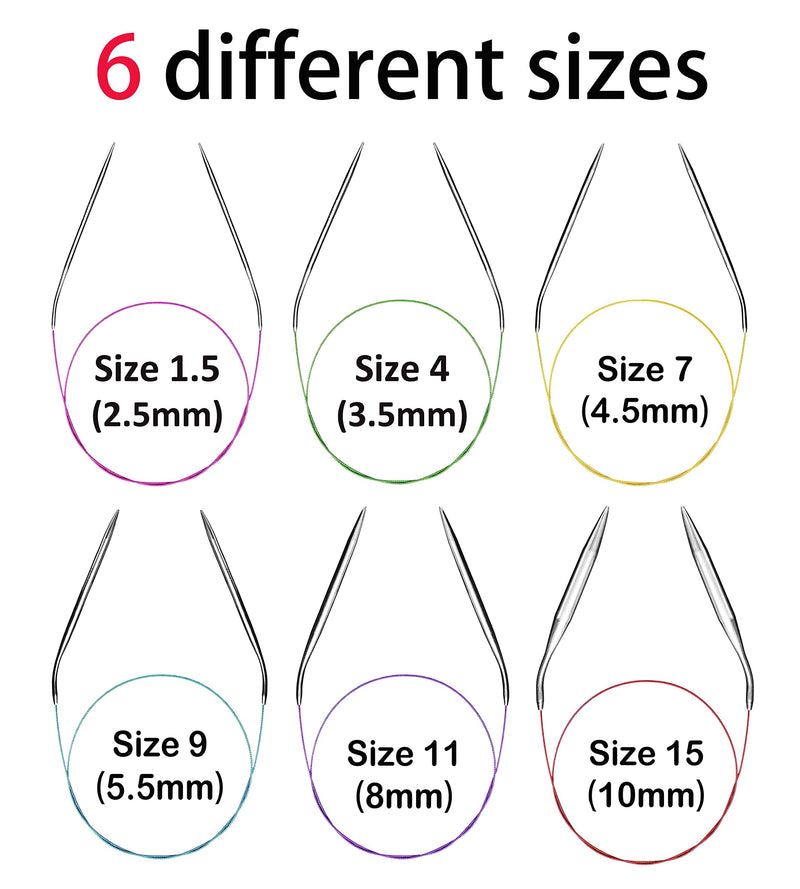 Circular Knitting Needles Set Round Metal Circle Blankets 36 Inch Size 15 13 11 10 9 8 7 6 4 2.5 1.5 0 6pcs-36 inch US 1.5-4-7-9-11-15 - NewNest Australia
