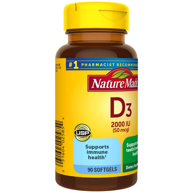 Nature Made Vitamin D3, 90 Softgels, Vitamin D 2000 IU (50 mcg) Helps Support Immune Health, Strong Bones and Teeth, & Muscle Function, 250% of the Daily Value for Vitamin D in One Daily Softgel 90 Count - NewNest Australia
