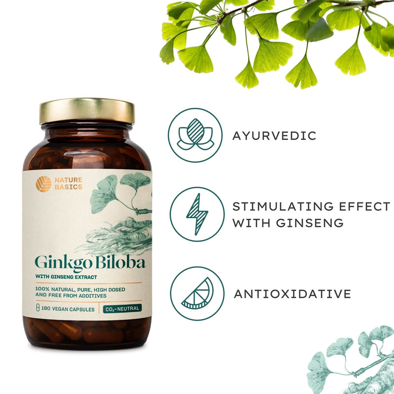 Nature Basics® Natural Ginkgo Biloba Sustainable in Amber jar | CO2 Neutral & additive Free | 180 Vegan Capsules | 115mg Ginkgo Biloba & 40mg Ginseng Extract per Daily dose - NewNest Australia