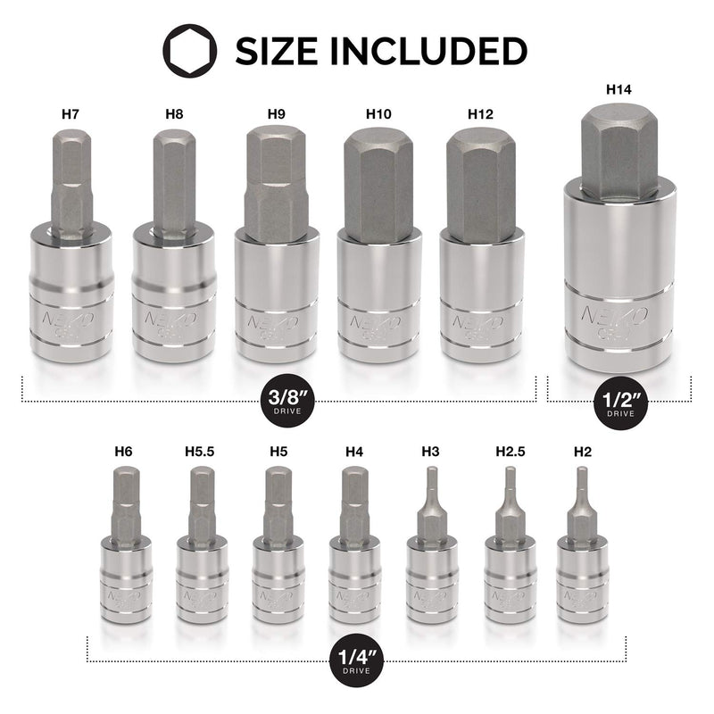 Neiko 10074A Hex Bit Socket Set, Metric, 2mm to 14mm | 13-Piece Set, S2 and Cr-V Steel, 1/4”, 3/8” and 1/2-Inch Drive - NewNest Australia