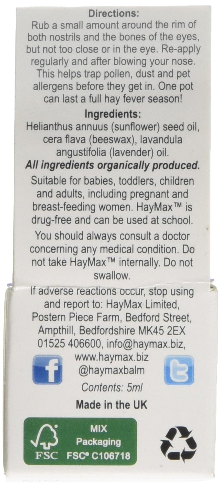 Haymax Lavender Organic Pollen Balm For Hayfever 5 ml - NewNest Australia