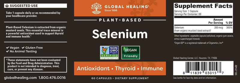 Global Healing Selenium 200mcg, Selenium Supplement with Organic Ingredients, Antioxidants for Thyroid Support and Immune Health, Non-GMO & Gluten-Free, Selenium 200 mcg for Men & Women (60 Capsules) - NewNest Australia