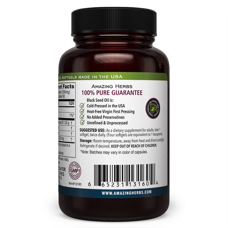 Amazing Herbs Premium Black Seed Oil Capsules - High Potency, Cold Pressed Nigella Sativa Aids in Digestive Health, Immune Support & Brain Function - 60 Count, 1250mg (Pack of 2) 1 - NewNest Australia