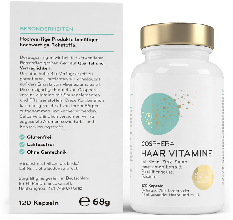 Cosphera Hair Vitamins - Highly Dosed With Biotin, Selenium, Zinc, Folic Acid, Millet Seed Extract - 120 Vegan Capsules In 2 Months' Supply - Hair Capsules For Men And Women - NewNest Australia