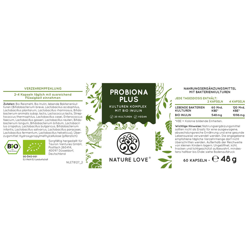 Nature Love Probiona Plus ‚ 120 Billion Cfu Per Daily Dose (High Dose) ‚ 20 Bacterial Strains + Organic Inulin ‚ Gastric Juice Resistant Capsules ‚ Vegan - NewNest Australia