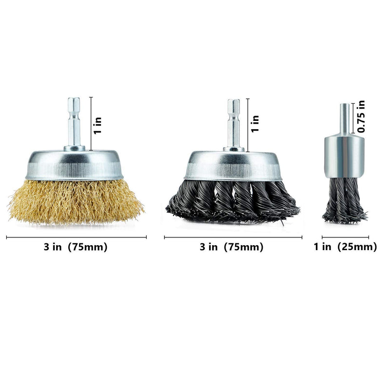 TILAX 3 Inch Wire Cup Brush End Brush Set 3 Piece, Wire Brush for Drill 1/4 Inch Hex Shank Arbor 0.012" Brass Coated Crimped and 0.019" Carbon Steel Knotted Wire Brush, for Drill Attachment - NewNest Australia