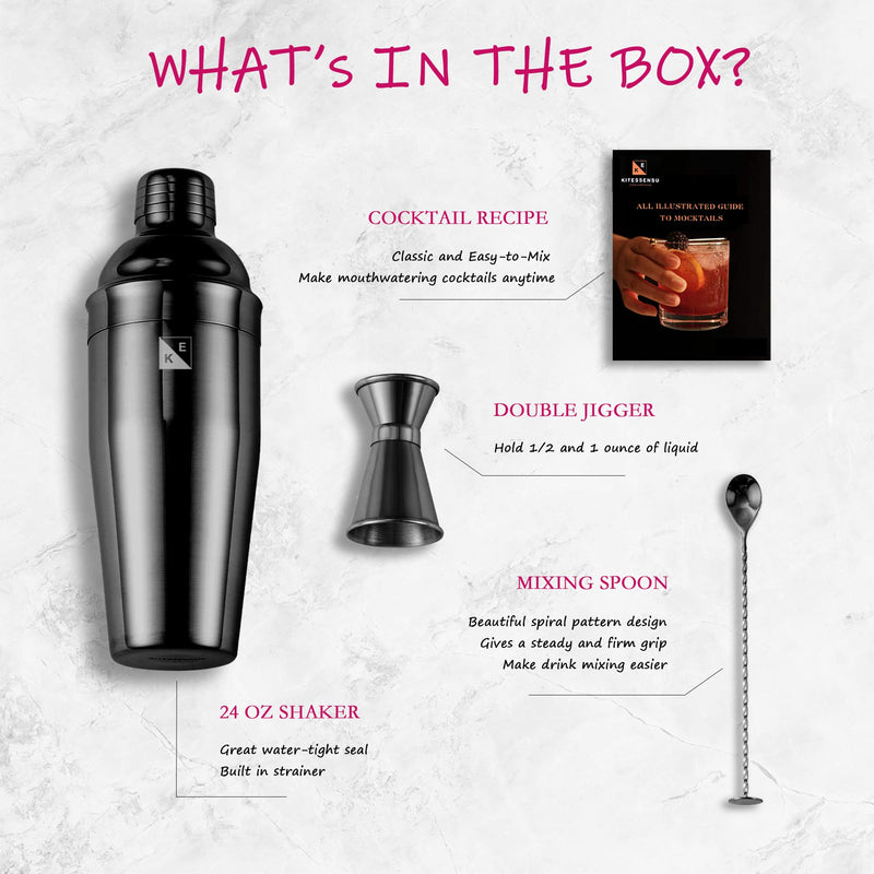 KITESSENSU Cocktail Shaker Set, Stainless Steel Bartending Kit with 24 Ounce Cocktail Shaker with Built in Drink Strainer, Measuring Jigger, Mixing Spoon & Drink Recipe Guide - Professional Bar Tools Black - NewNest Australia