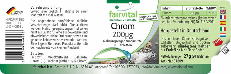 Fairvital | Chromium 200µg - with 200mcg chromium per tablet - high dose - vegan - Chromium Picolinate - essential trace element - 90 tablets - NewNest Australia