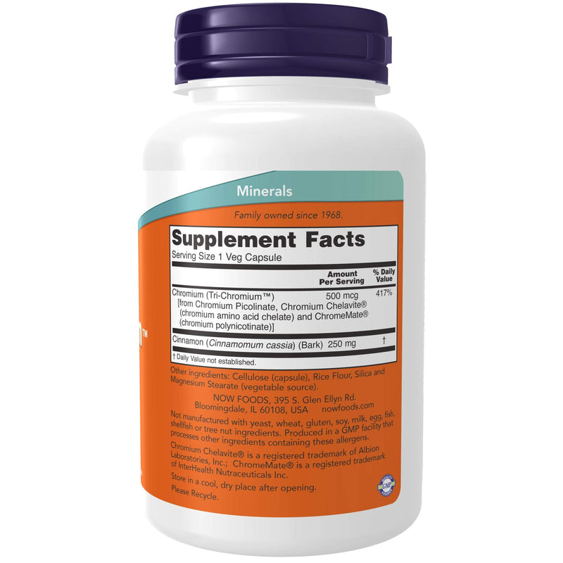NOW Supplements, Tri-Chromium 500 mcg with Cinnamon, Insulin Co-Factor*, 180 Veg Capsules - NewNest Australia