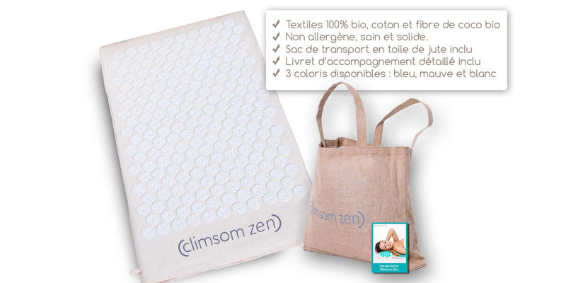 Climsom Zen Acupressure Mat, 3 Colors (Blue, White, Purple), 100% Natural And Organic Textiles, Jute Bag And Advice Book Included, Back Massage For Home (White) - NewNest Australia