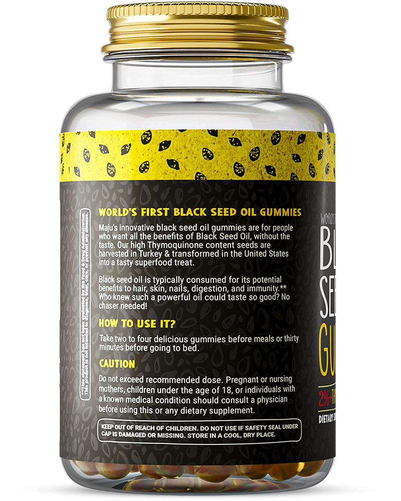 MAJU's Black Seed Oil Gummies - World's First Gummy w/ 2%+ Thymoquinone, Black Cumin Seed Nigella Sativa Oil, Cold-Pressed, Potent Formula with Cinnamon Extract, No Aftertaste - 500mg (90ct) - NewNest Australia