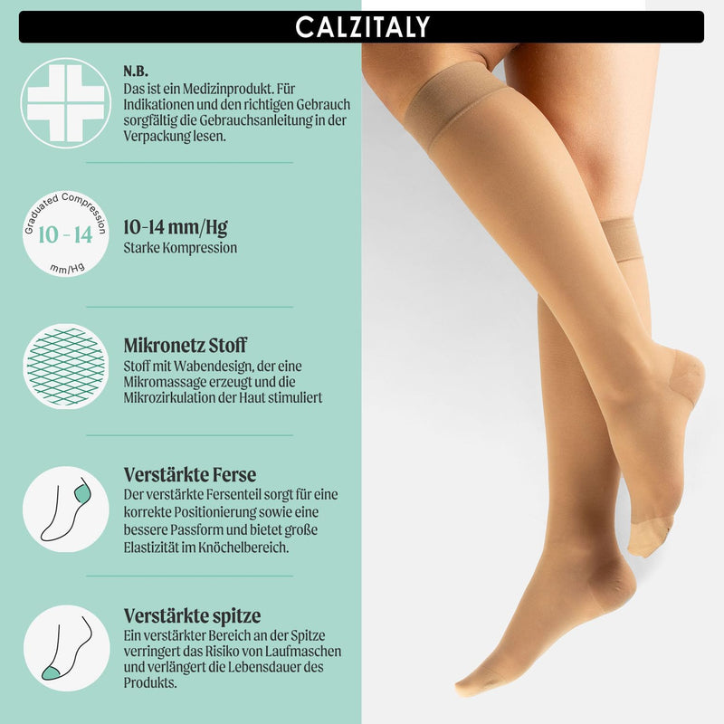 CALZITALY PACK 1/2 knee socks with graduated compression, compression stockings unisex, 70 DEN, 10-14 mm/Hg | Made in Italy L-XL skin color - NewNest Australia