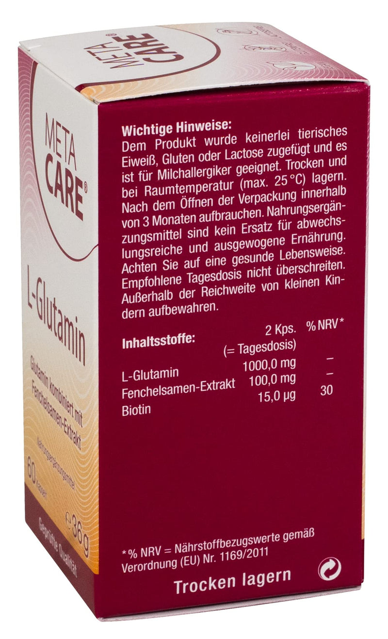 Meta Care L-Glutamine - Vegan - High dosage - Ideally combined with biotin and natural fennel seed extract - 60 capsules - NewNest Australia