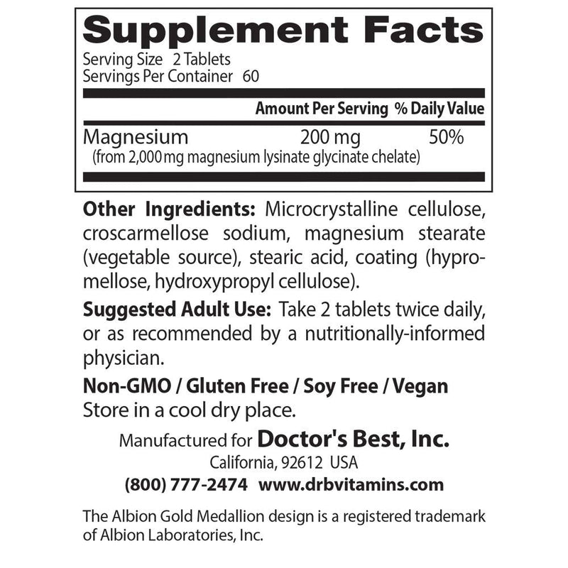 Doctor's Best High Absorption Magnesium Glycinate Lysinate, 100% Chelated, TRACCS, Not Buffered, Non-GMO, Vegan, Gluten & Soy Free, 100 mg, 120 Tablets - NewNest Australia