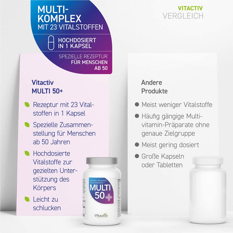 Vitactiv Multi 50 Plus Multivitamin Complex For People From 50 - Vitamins, Minerals, Trace Elements - Vitamin B, C, E, K, D, Magnesium, Calcium, Zinc - High Dosage, Hormone-Free, No Iodine - 60 Capsules - NewNest Australia