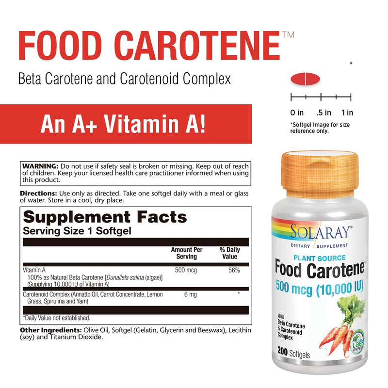 Solaray Food Carotene, Vitamin A 10000 IU | Healthy Skin, Eyes, Antioxidant & Immune Support (200 CT) 200 Count (Pack of 1) - NewNest Australia