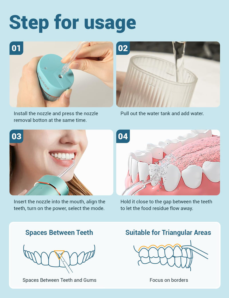 CARER BEAUTY professional oral irrigator for on the go with 3 modes and 6 nozzles IPX7 oral irrigator wireless water flosser for home/travel Protect your oral health - NewNest Australia