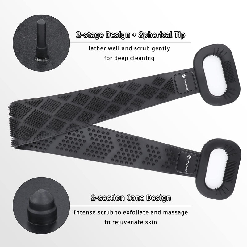FREATECH Exfoliating Silicone Back Scrubber - 97cm Dual-sided Shower Back Washer for Deep Cleansing and Massage, Cover the Entire Back, Smooth & Rejuvenate Skin, Easy to Clean and Long-lasting, Black - NewNest Australia