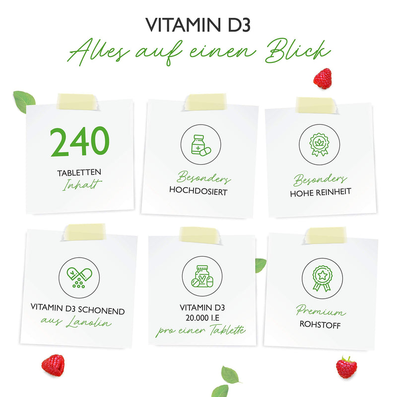 Vitamin D3 20,000 IU depot - 240 tablets - high dose - laboratory tested - vegetarian - high purity - 20 daily dose 1000 IU per day - premium quality - NewNest Australia