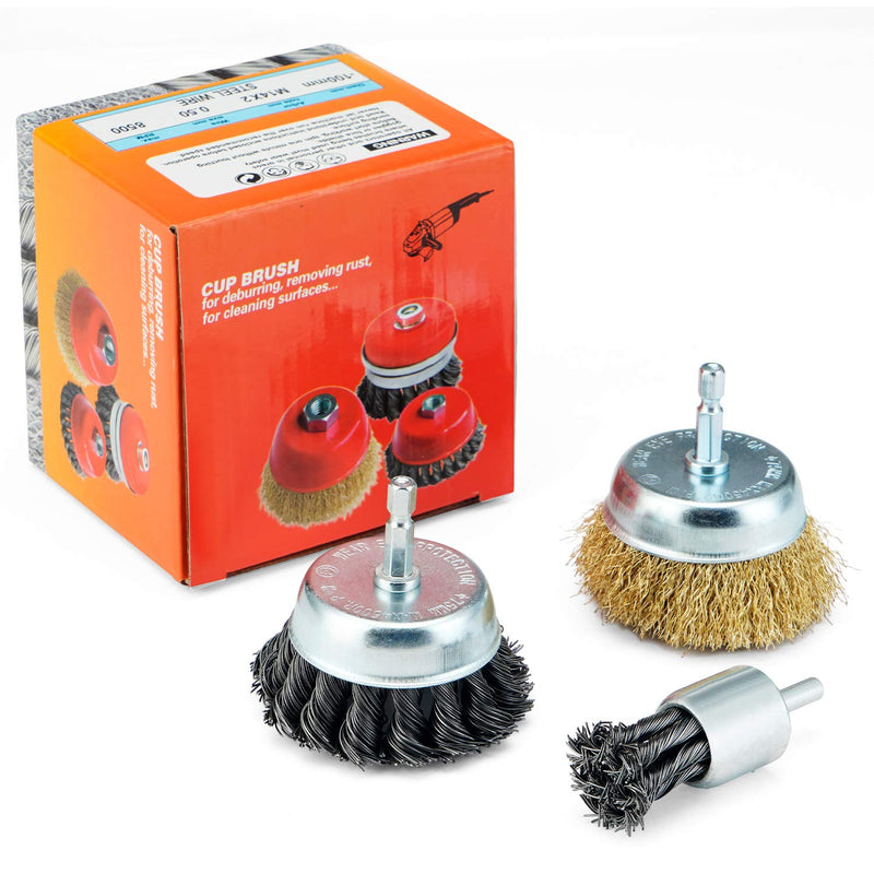 TILAX 3 Inch Wire Cup Brush End Brush Set 3 Piece, Wire Brush for Drill 1/4 Inch Hex Shank Arbor 0.012" Brass Coated Crimped and 0.019" Carbon Steel Knotted Wire Brush, for Drill Attachment - NewNest Australia