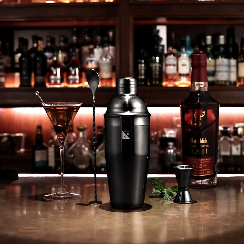 KITESSENSU Cocktail Shaker Set, Stainless Steel Bartending Kit with 24 Ounce Cocktail Shaker with Built in Drink Strainer, Measuring Jigger, Mixing Spoon & Drink Recipe Guide - Professional Bar Tools Black - NewNest Australia